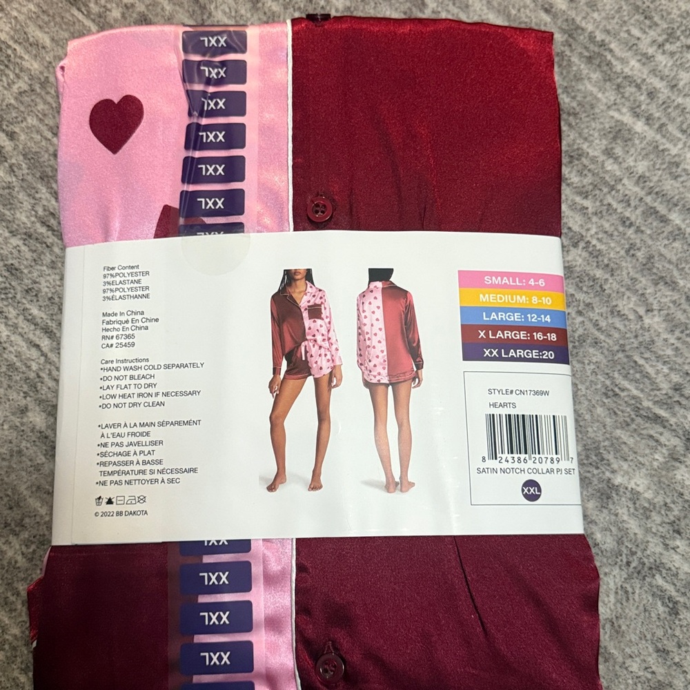 BB Dakota Satin Notch Collar PJ Set in Burgundy and Pink Heart Print - Picture 3 of 5